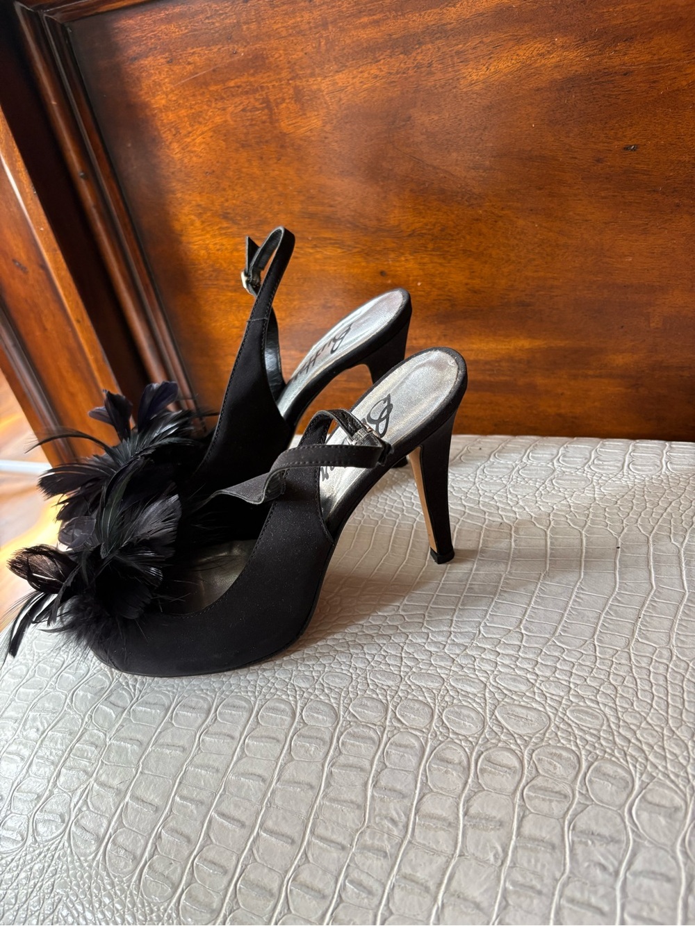 Butter Black Open-Toe Slingback Heels with Feather Trim